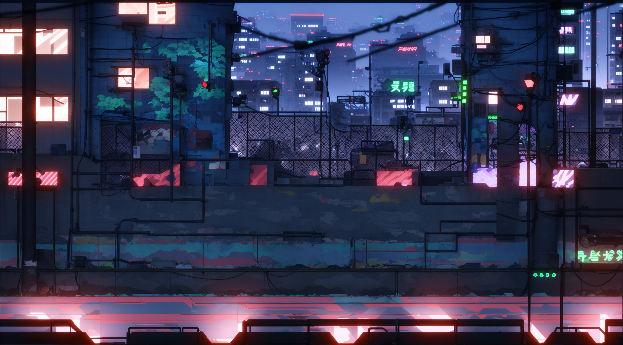 14966-762222473-Concept art, horizontal scenes, horizontal line composition, night, scenery, fence, tree, building, no humans, cable, outdoors,.png